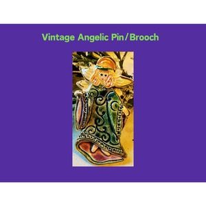 Ceramic Angel Pin Brooch Handcrafted 3" Handpainted Large Pin Pink & Green